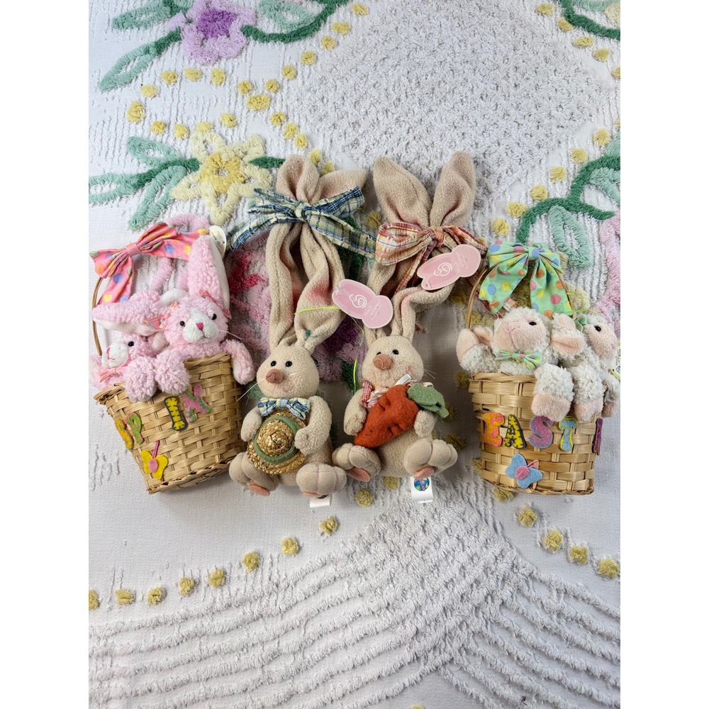 March of Dimes Easter Plush Set Bunnies Lambs Baskets 2005 Plushland NWT 4pc